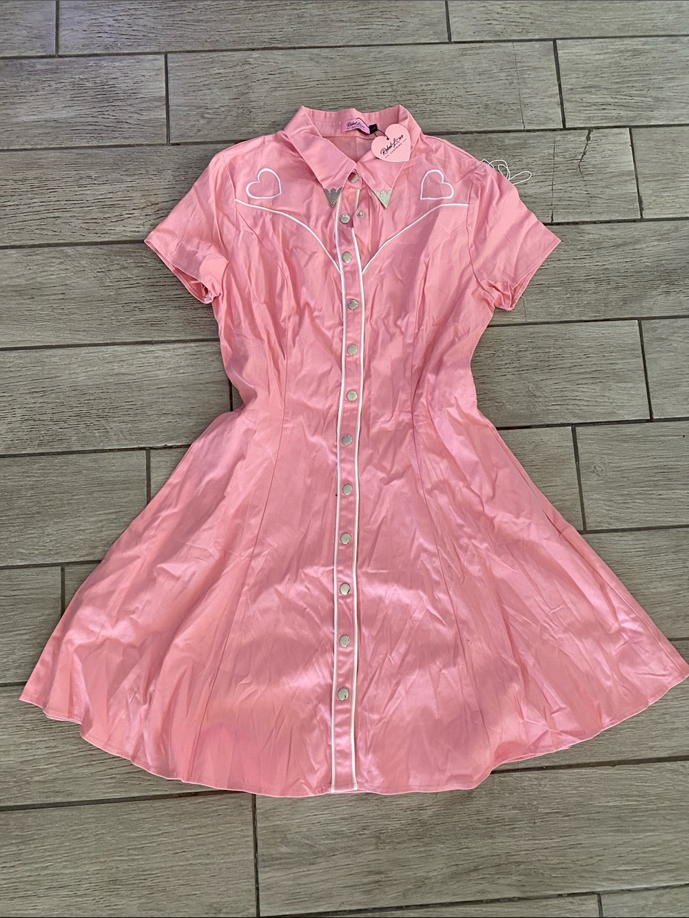 Pink Short-Sleeve Midi Shirt Dress with Heart Details